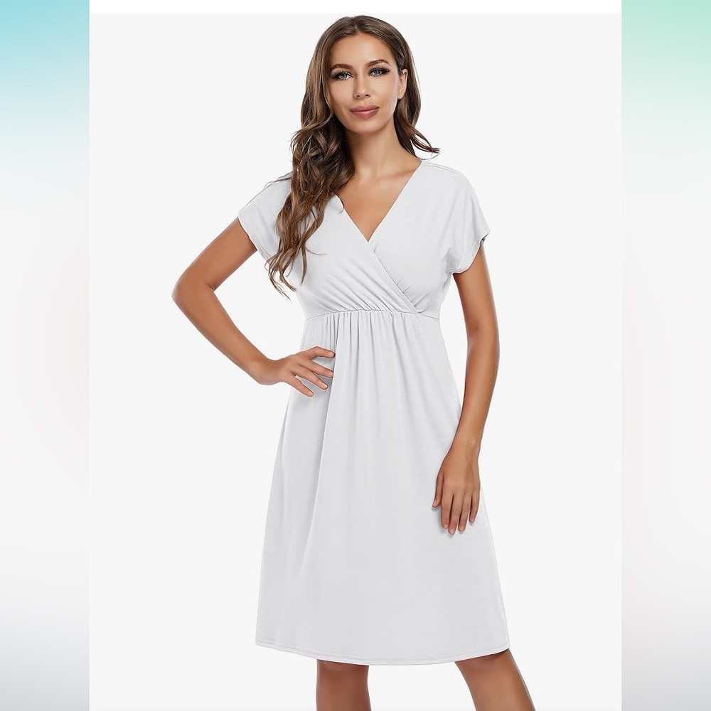 🔥NWT Coolmee white V-neck knee length short sleeve summer dress size L - Picture 3 of 9